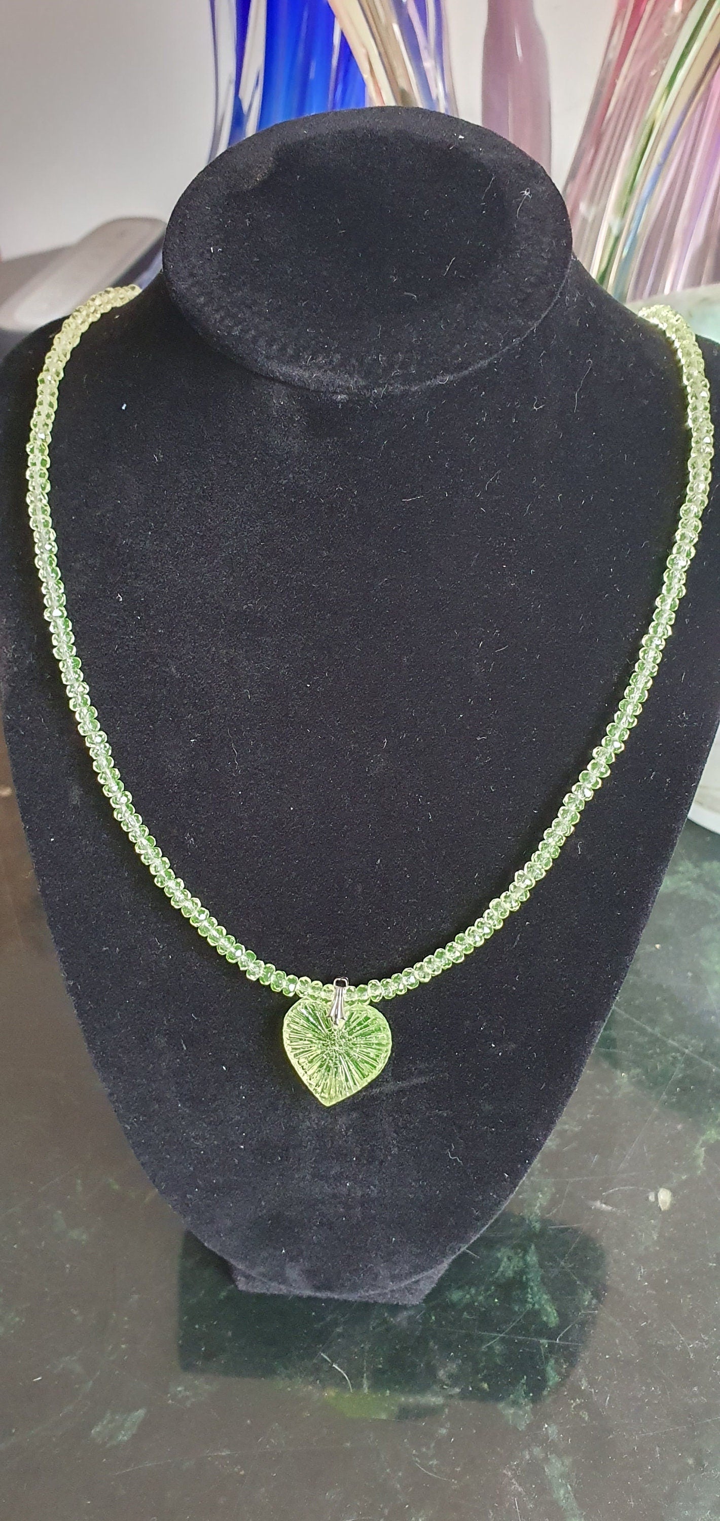 Heart Uranium glass necklace vaseline glass beads handmade #24058