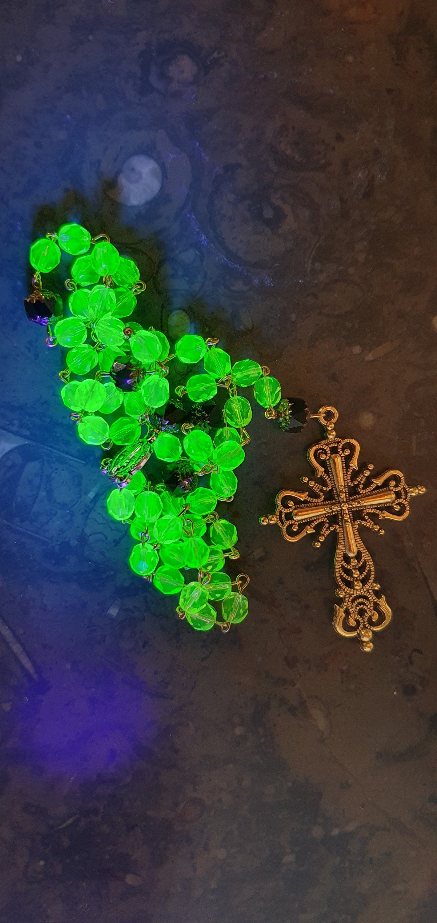 Rosary gothic cross from czech Uranium glass beads vintage style jewelry #24067