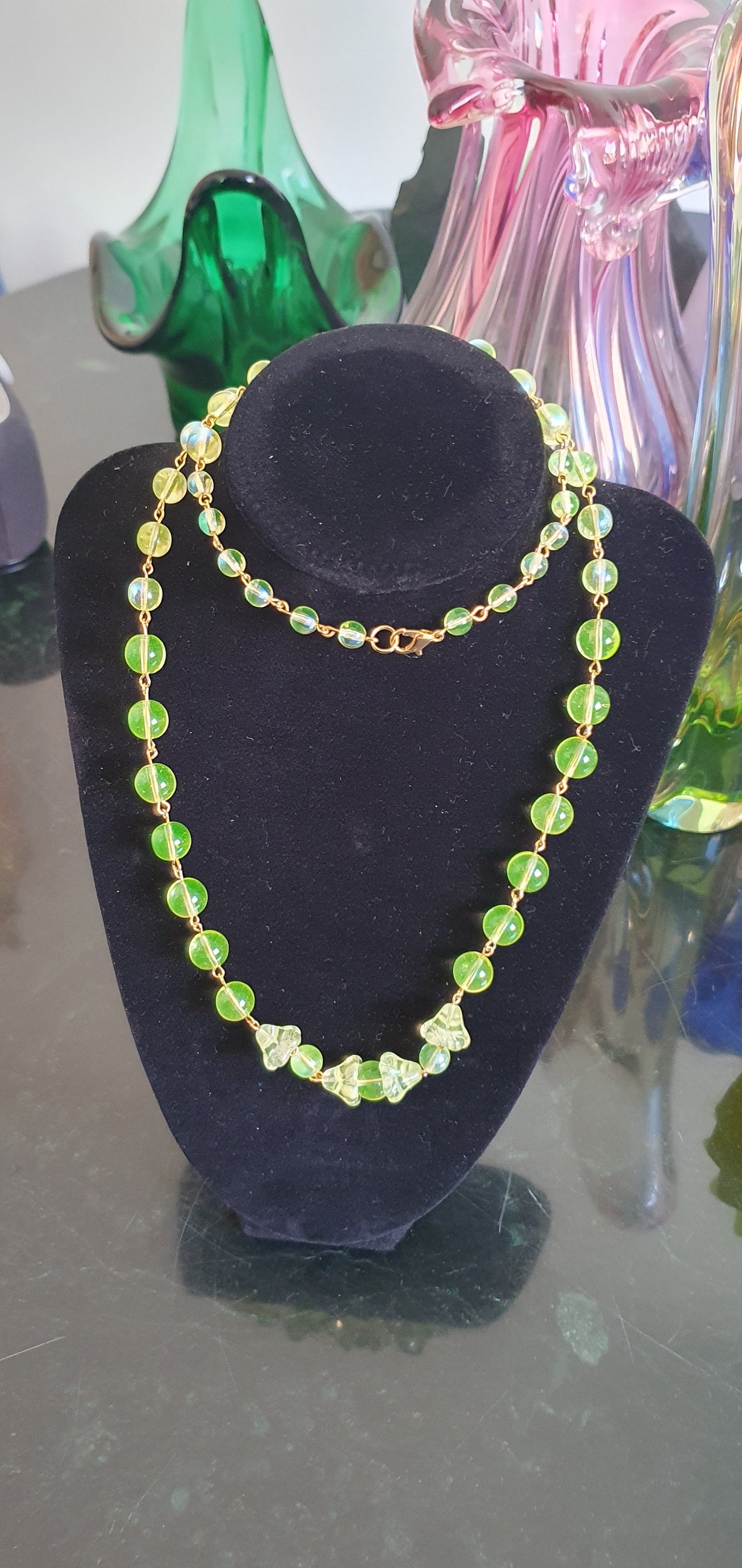 Uranium glass necklace vaseline glass beads handmade #24074