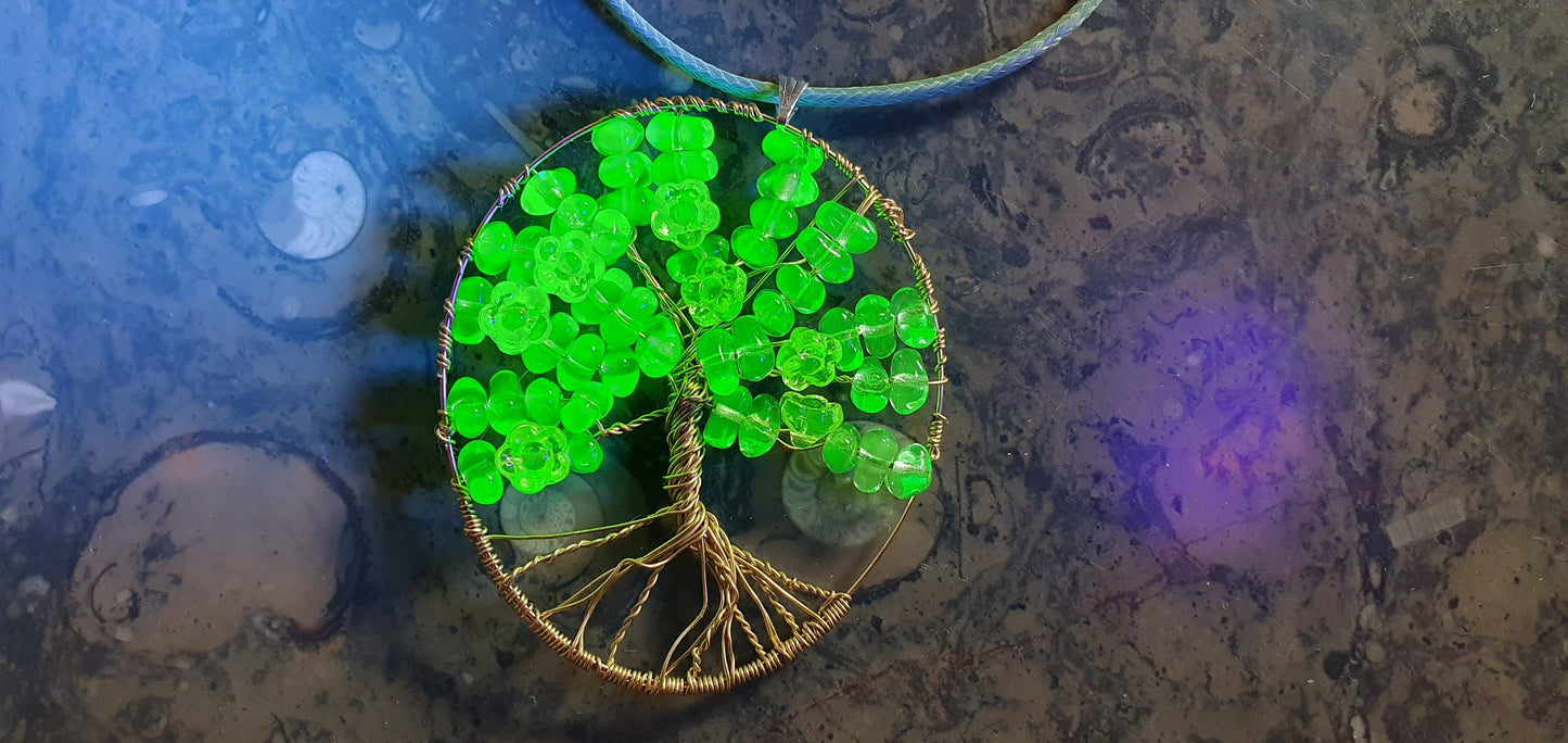 Tree of life pendant Uranium glass necklace vaseline beads handmade #24068