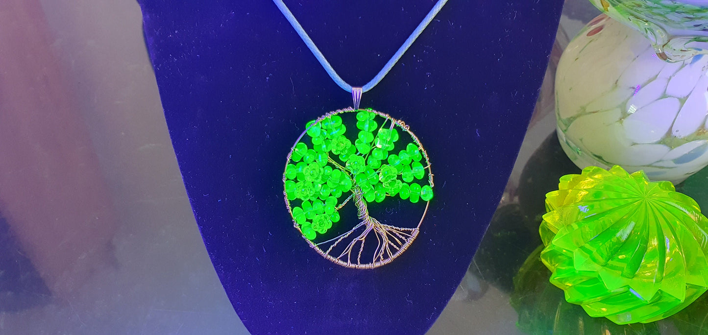 Tree of life pendant Uranium glass necklace vaseline beads handmade #24068