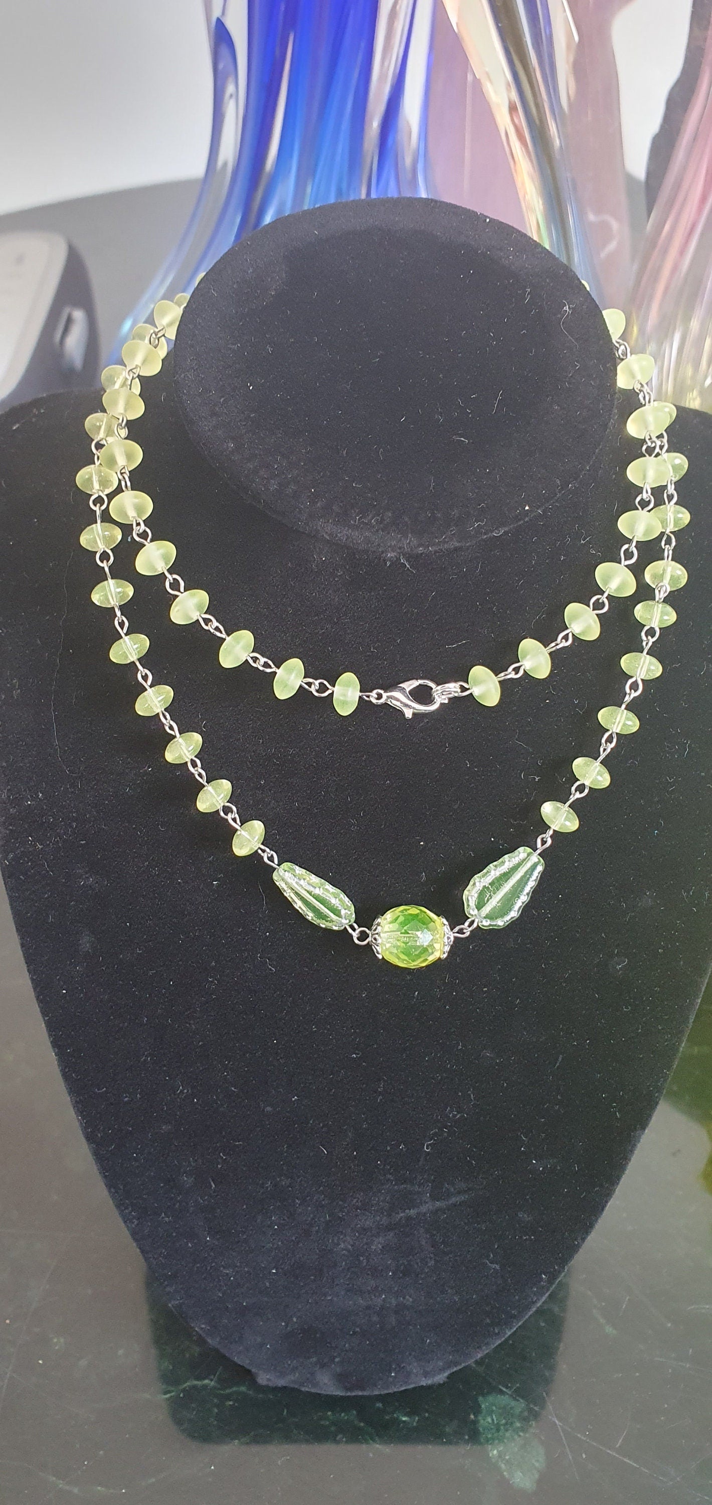 Czech uranium glass beads necklace vintage jewelry #24070