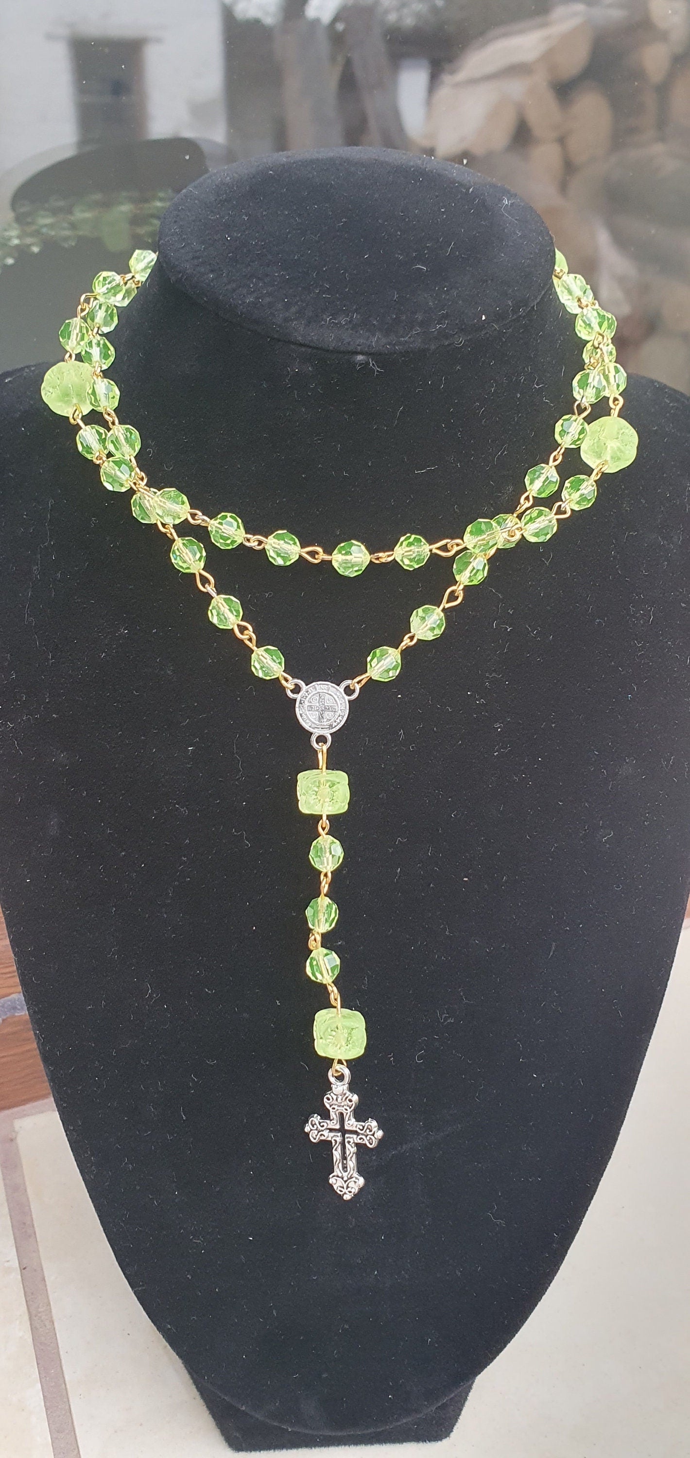 Rosary from czech Uranium glass beads vintage style jewelry #24071