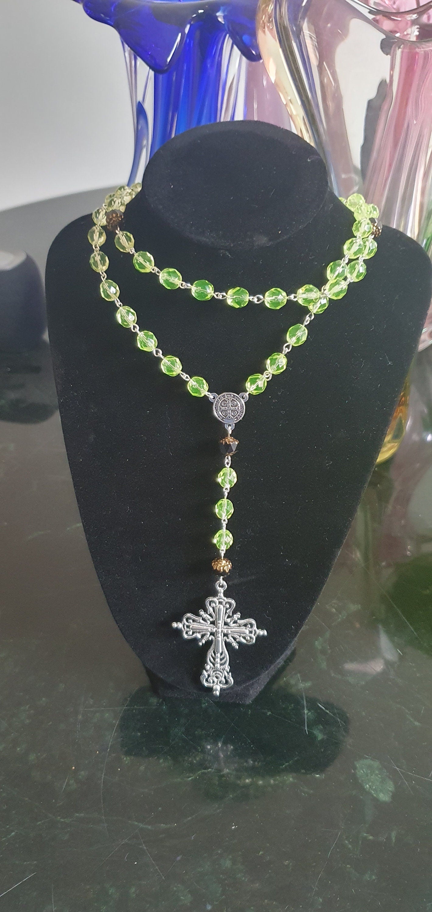 Rosary gothic cross from czech Uranium glass beads vintage style jewelry #24067