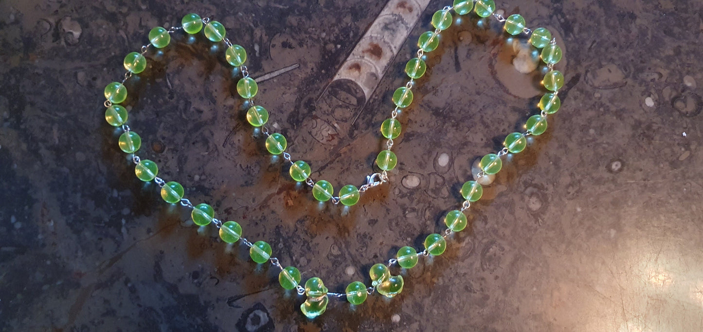 Ducks Czech Uranium glass necklace vaseline glass beads jewelry #24078