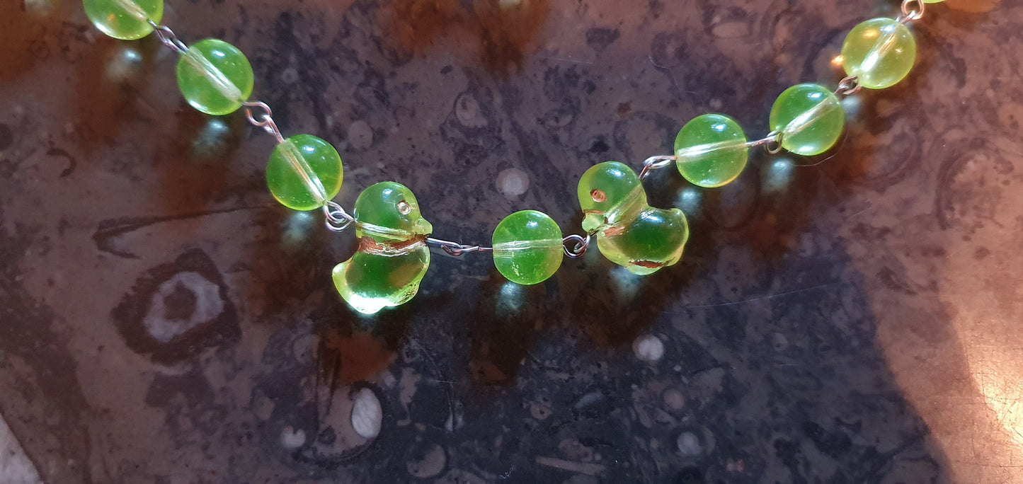 Ducks Czech Uranium glass necklace vaseline glass beads jewelry #24078