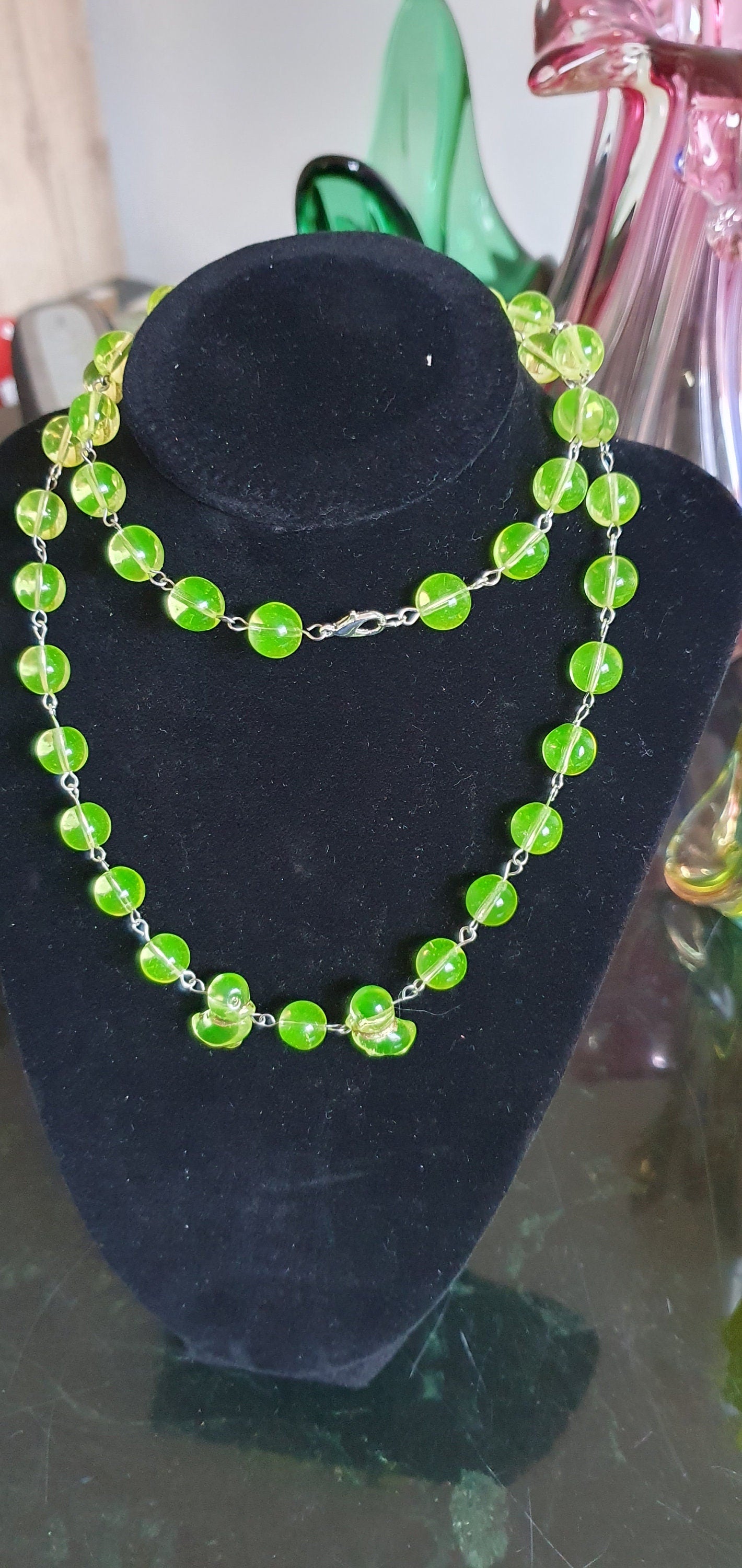 Ducks Czech Uranium glass necklace vaseline glass beads jewelry #24078