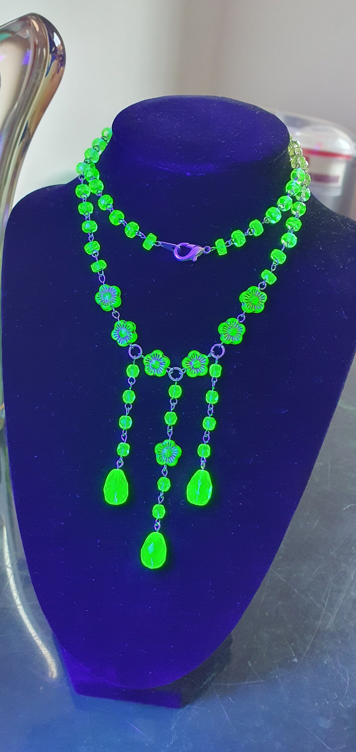 Czech Uranium glass necklace vaseline glass beads jewelry #24079