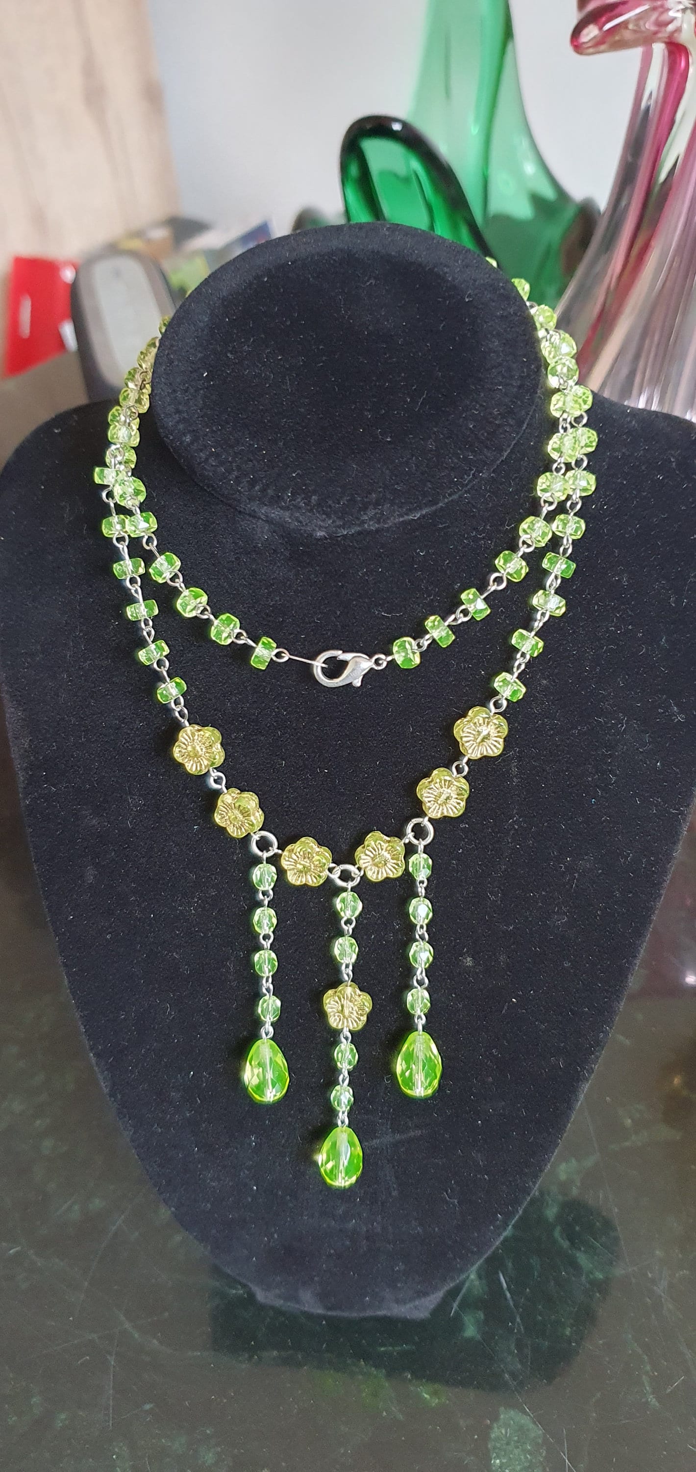 Czech Uranium glass necklace vaseline glass beads jewelry #24079