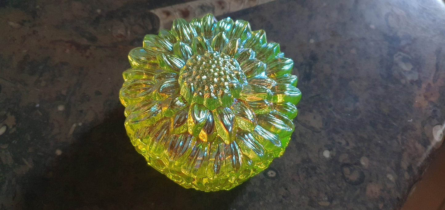 Metal coating Sunflower Czech yellow Uranium glass bonbonier collectible item