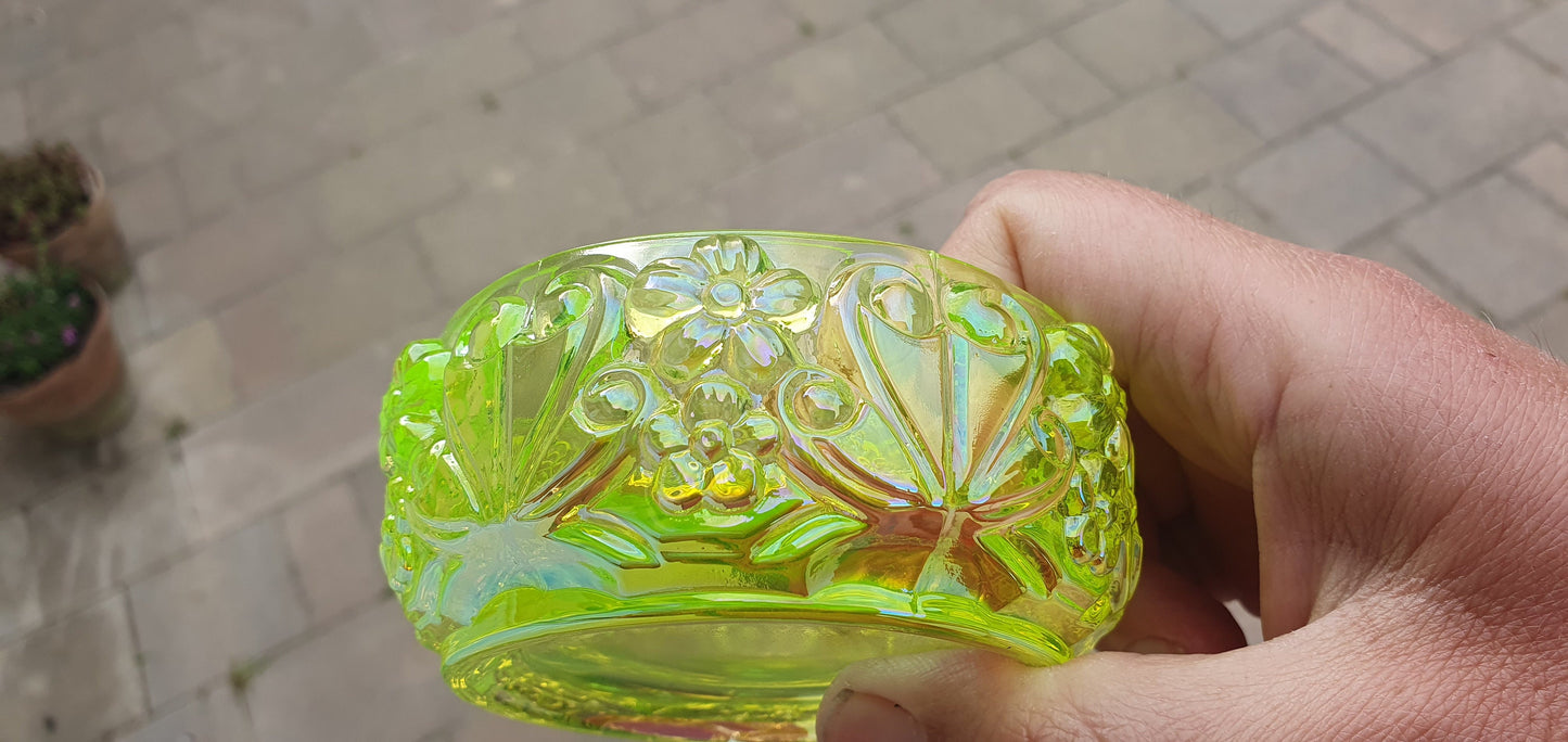 Metal coating Sunflower Czech yellow Uranium glass bonbonier collectible item