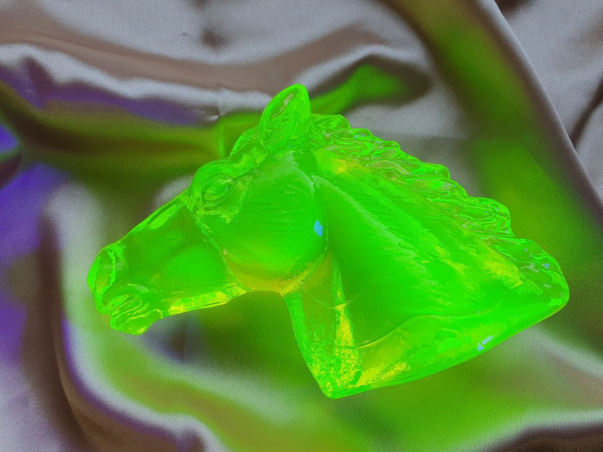 Glowing Uranium glass horse head sculpture